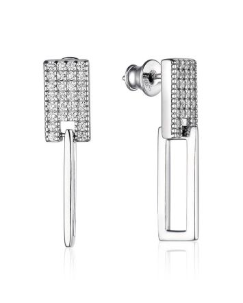 Geometric Silver Dangles With White Crystals, image 