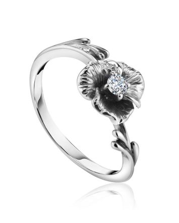 White Gold Floral Ring With Diamond Centerstone, Ring Size: 5.5 / 16, image 