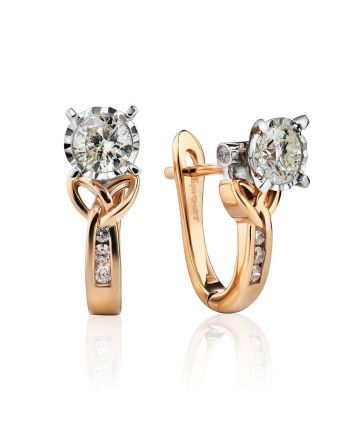 Golden Floral Earrings With White Diamonds, image 