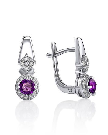 Classy Silver Earrings WithAmethyst Centerstones And Crystals, image 