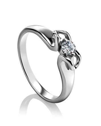 Sterling Silver Floral Ring With Solitaire Crystal, Ring Size: 5.5 / 16, image 