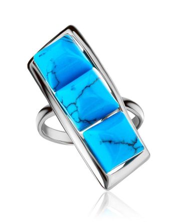 Geometric Silver Ring With Reconstructed Turquoise Centerpieces, Ring Size: 6.5 / 17, image 