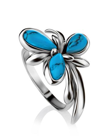 Silver Floral Ring With Reconstructed Turquoise, Ring Size: 6 / 16.5, image 