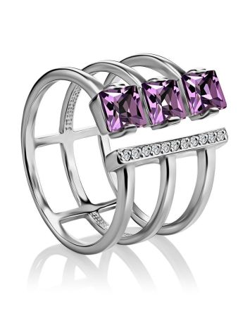 Silver Amethyst Open Ring With Crystals, Ring Size: 8 / 18, image 