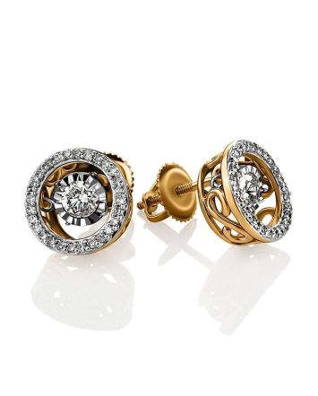 Golden Stud Earrings With Dancing Diamonds, image 