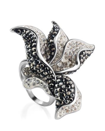 Silver Floral Ring With Dark Crystals The Jungle, Ring Size: 6.5 / 17, image 