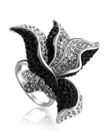 Bold Floral Silver Ring With Crystals The Jungle, Ring Size: 6.5 / 17, image 