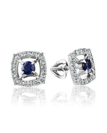 Square Golden Studs With Sapphire Centerstone And Diamonds The Mermaid, image 