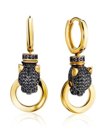Designer Golden Panther Earrings With Crystals, image 