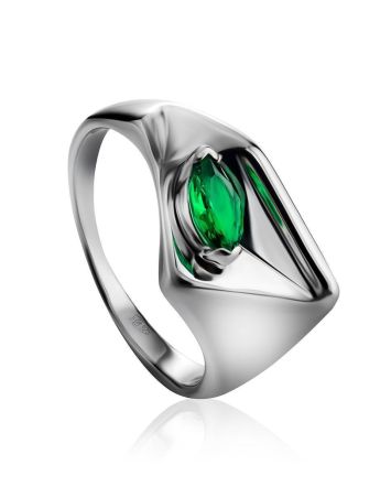 Silver Ring With Bright Synthetic Emerald Centerstone, Ring Size: 7 / 17.5, image 