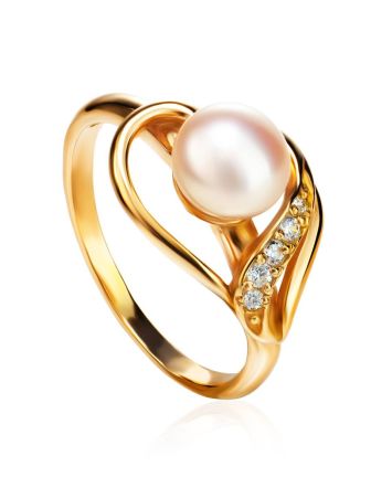 Statement Gold-Plated Ring With Cultured Pearl Centerpiece And Crystals The Serene, Ring Size: 8 / 18, image 