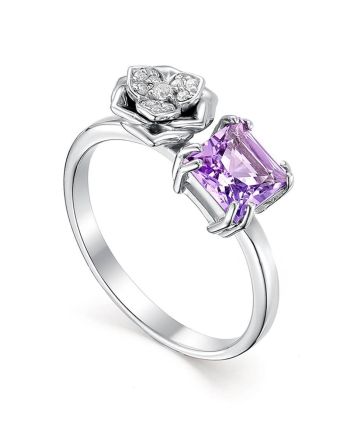Sterling Silver Floral Ring With Bright Amethyst And White Crystals, Ring Size: 6.5 / 17, image 