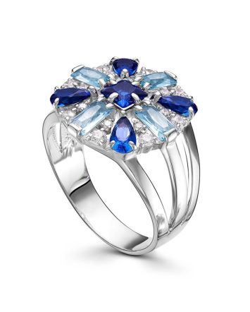 Sterling Silver Ring With Blue And White Crystals, Ring Size: 7 / 17.5, image 