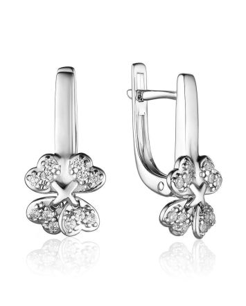 Silver Floral Earrings With Crystals, image 