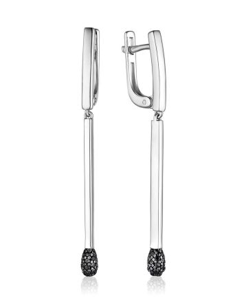 Silver Dangle Earrings With Black Crystals, image 