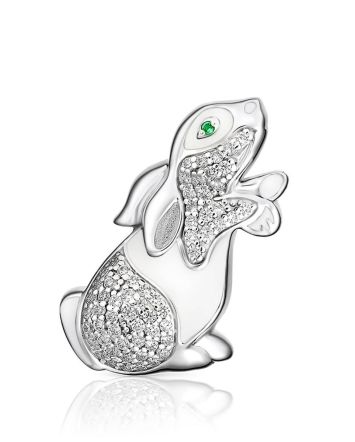Silver Enamel Rabbit Brooch With Crystals, image 
