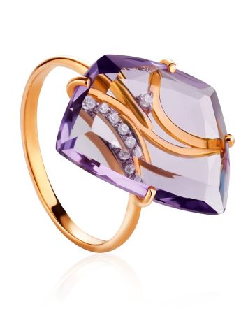 Amethyst Golden Cocktail Ring With Crystals, Ring Size: 6.5 / 17, image 