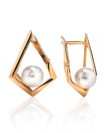 Geometric Golden Earrings With Faux Pearl The Serene, image 