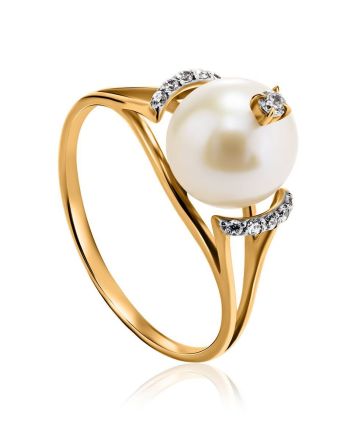 Golden Ring With Pearl And Crystals The Serene, Ring Size: 8.5 / 18.5, image 