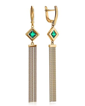 Golden Chain Dangle Earrings With Green Crystals, image 
