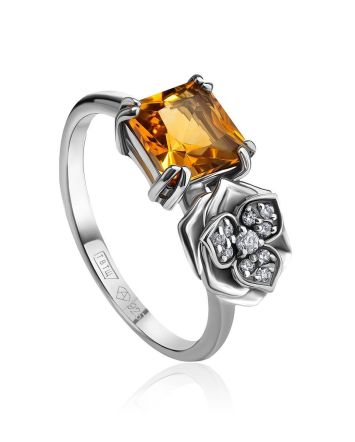 Silver Floral Ring With Citrine And Crystals, Ring Size: 7 / 17.5, image 