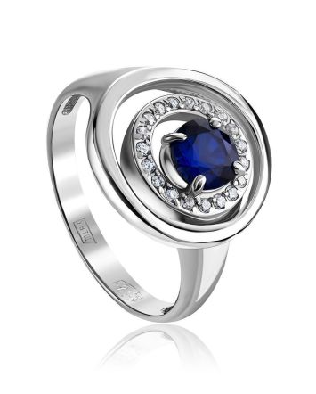 Classy Silver Ring With Synthetic Sapphire And White Crystals, Ring Size: 8.5 / 18.5, image 