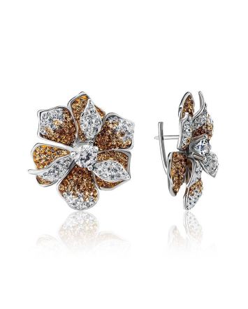 Silver Floral Earrings With Crystals The Jungle, image 