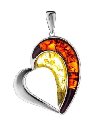 Heart Shaped Silver Pendant With Multicolor Amber The Sunrise, image 