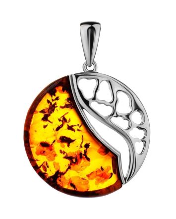 Round Silver Pendant With Cognac Amber The Sunrise, image 