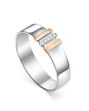 Silver Golden Band Ring With White Diamonds Row The Diva, Ring Size: 6.5 / 17, image 