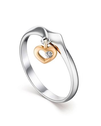 Silver Ring With Golden Diamond Heart Dangle The Diva, Ring Size: 6.5 / 17, image 