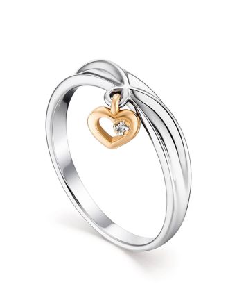 Silver Ring With Golden Diamond Heart Dangle The Diva, Ring Size: 8 / 18, image 