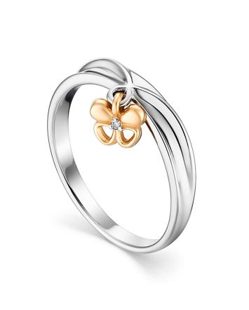 Silver Ring With Golden Diamond Butterfly The Diva, Ring Size: 7 / 17.5, image 