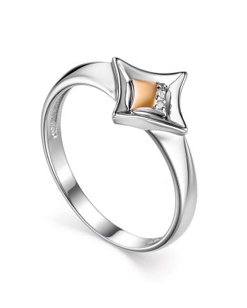 Geometric Silver Golden Ring With Diamonds The Diva, Ring Size: 6.5 / 17, image 
