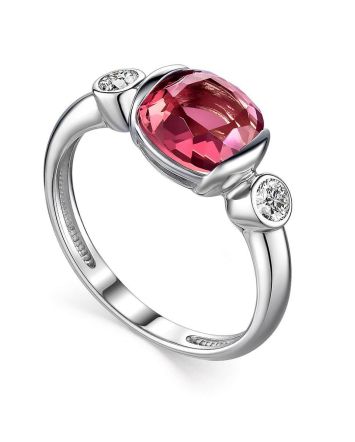 Silver Ring With Bright Rhodolite Centerstone And Crystals, Ring Size: 8 / 18, image 