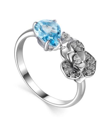 Silver Floral Ring With Synthetic Topaz And Crystals, Ring Size: 7 / 17.5, image 