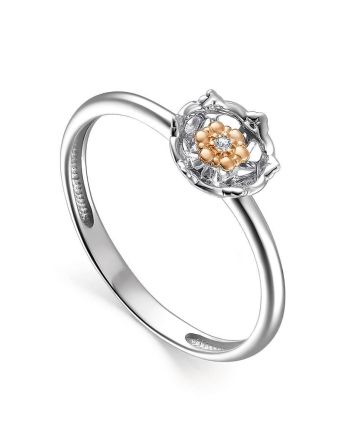 Silver Golden Floral Ring With Diamond Centerpiece The Diva, Ring Size: 5.5 / 16, image 