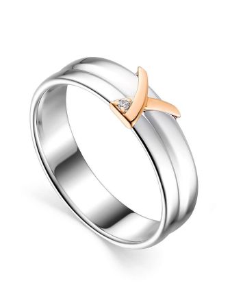 Double Band Silver Ring With Diamond And Golden Detail The Diva, Ring Size: 6 / 16.5, image 