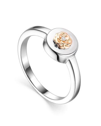 Silver Golden Floral Ring With Diamond The Diva, Ring Size: 6 / 16.5, image 