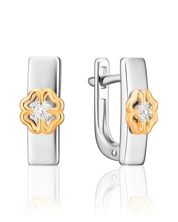 Silver Golden Floral Earrings With Diamonds The Diva, image 