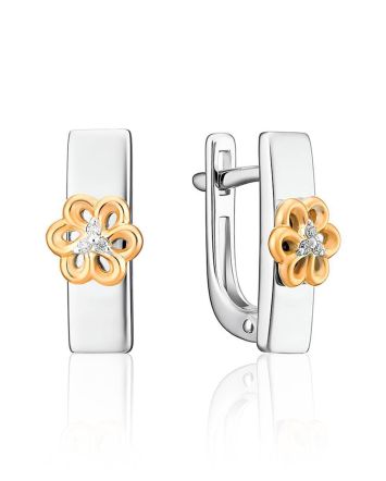 Silver Golden Floral Earrings With Diamonds The Diva, image 