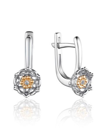 Silver Golden Floral Earrings With Diamonds The Diva, image 