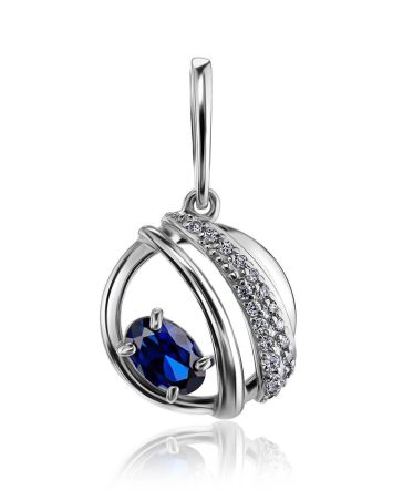 Silver Round Pendant With Synthetic Sapphire And Crystals, image 