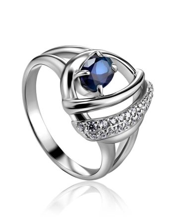 Silver Ring With Synthetic Sapphire And White Crystals, Ring Size: 7 / 17.5, image 