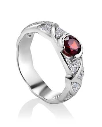 Filigree Silver Ring With Round Garnet Centerstone, Ring Size: 6.5 / 17, image 