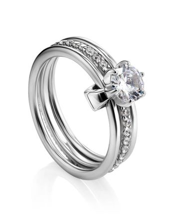 Silver Stackable Triple Band Ring With Crystals, Ring Size: 6 / 16.5, image 