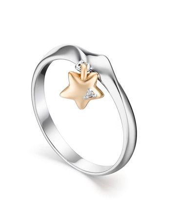 Silver Ring With Golden Diamond Star Shaped Dangle The Diva, Ring Size: 8 / 18, image 