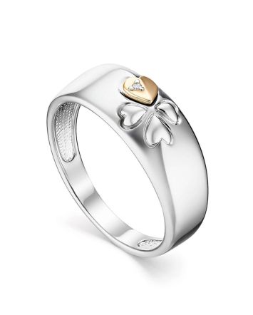 Silver Gold Diamond Ring With Clover Shaped Details The Diva, Ring Size: 8 / 18, image 