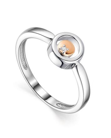 Geometric Silver Ring With Diamond And Gold Detail The Diva, Ring Size: 6 / 16.5, image 