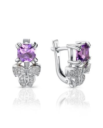 Cute Silver Earrings With Amethyst And Crystals, image 